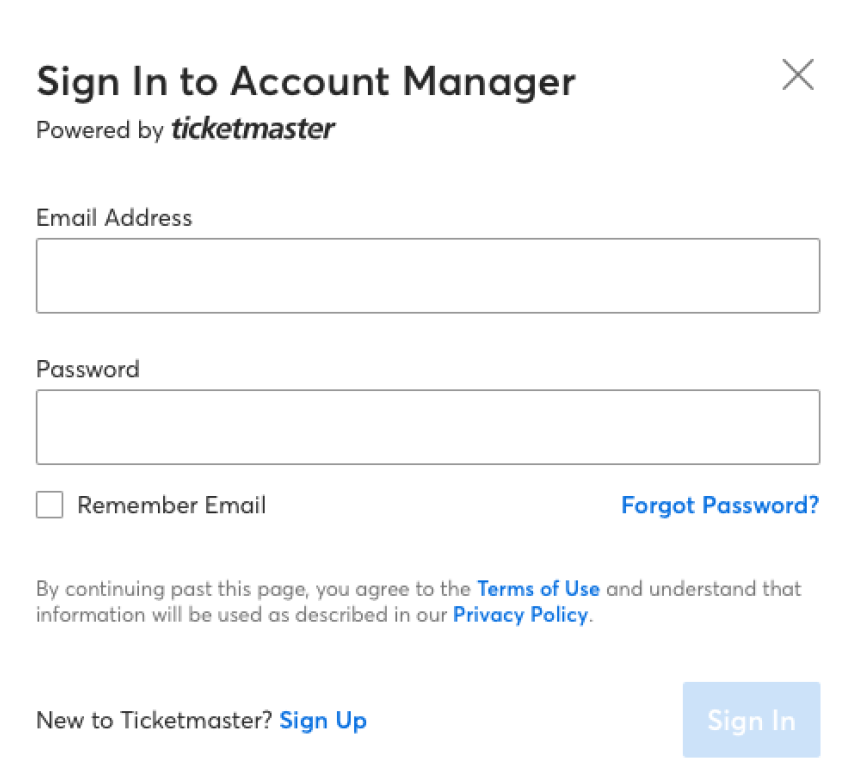 Screenshot of the "Sign In to Account Manager" screen from ticketmaster.