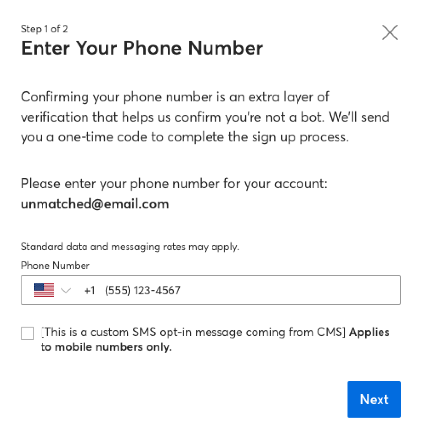 Screenshot of the "Enter Your Phone Number" screen from ticketmaster.
