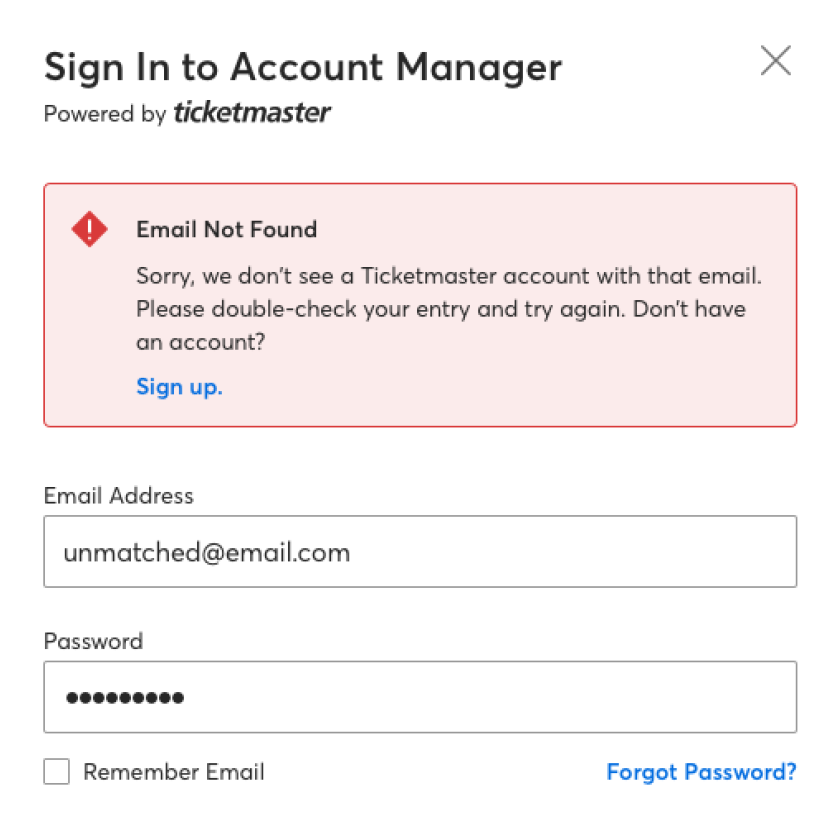 Screenshot of the "Sign In to Account Manager" screen from ticketmaster showing the "Email Not Found" alert.
